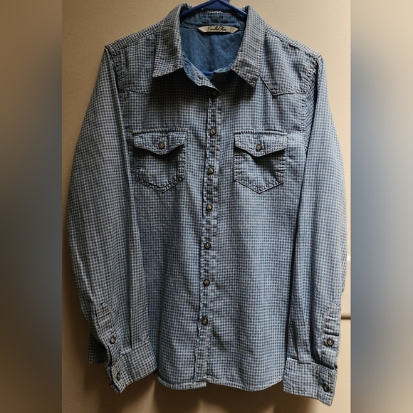 Vintage Vanilla Star Blue Gingham 100% Cotton Button-Up Shirt Size L - Picture 3 of 12